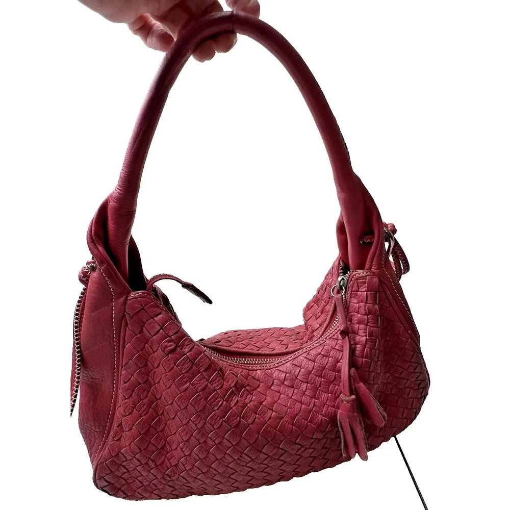 TALBOTS Woven Hot Pink Leather Hobo Shoulder Bag-Tassels-MEDIUM